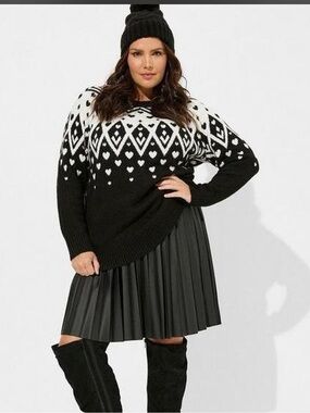 Torrid Vegan Cashmere Fairisle Pullover Sweater Black & White Heart Knit 2XL XXL